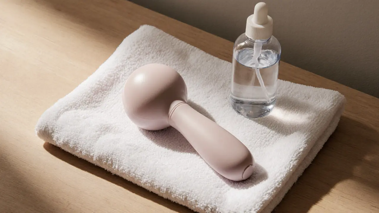 A medical-grade prostate massager on a clean towel next to water-based lubricant, shown in precise detail.
