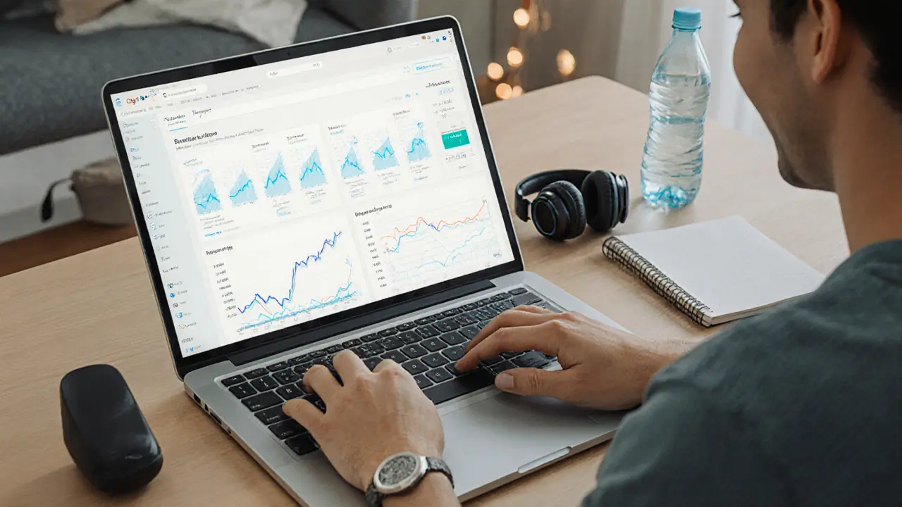 A performer smiling while viewing earnings on a subscription platform dashboard.
