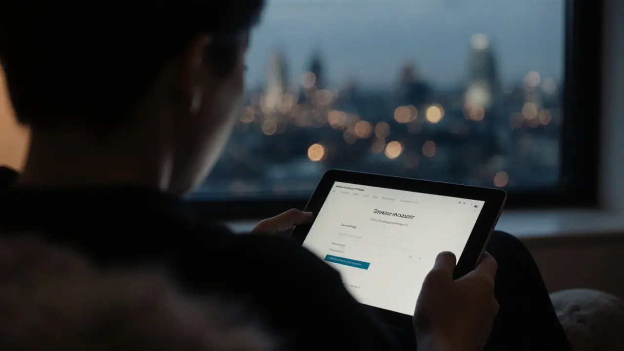 A person holding a tablet with a blurred booking screen, overlooking London at twilight.