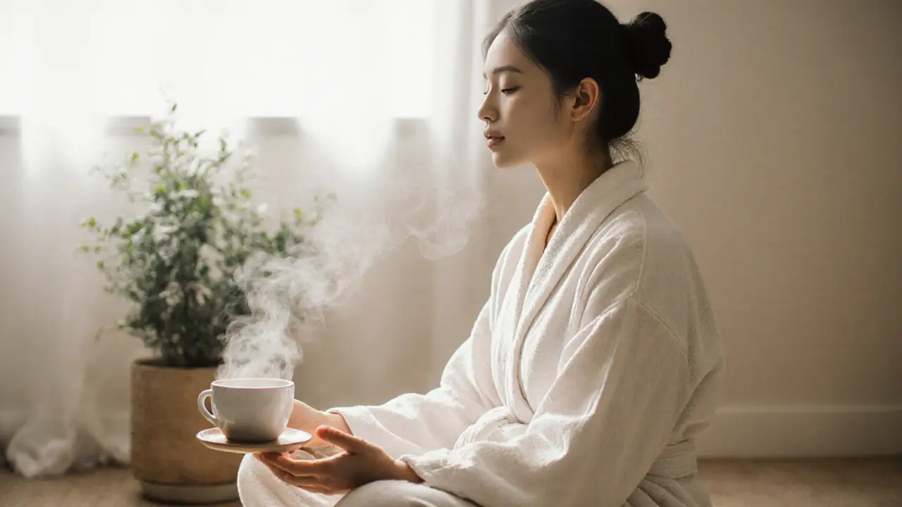 A person meditating peacefully after a massage, wrapped in a robe, sipping herbal tea.