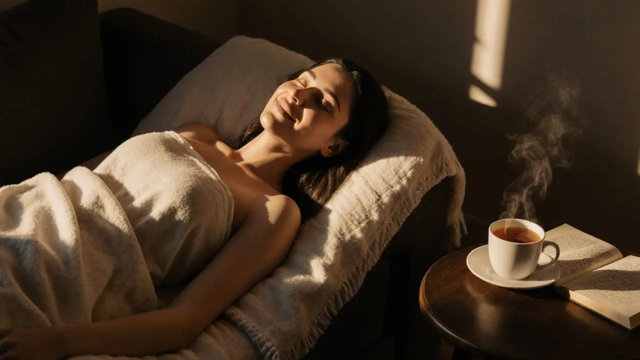 A person relaxed on a sofa after a massage, eyes closed, with tea and a book nearby.
