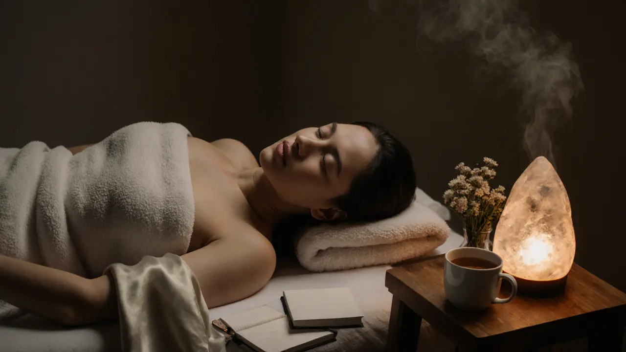 A person resting after a massage, wrapped in a towel, with a steaming cup and soft lamp nearby.