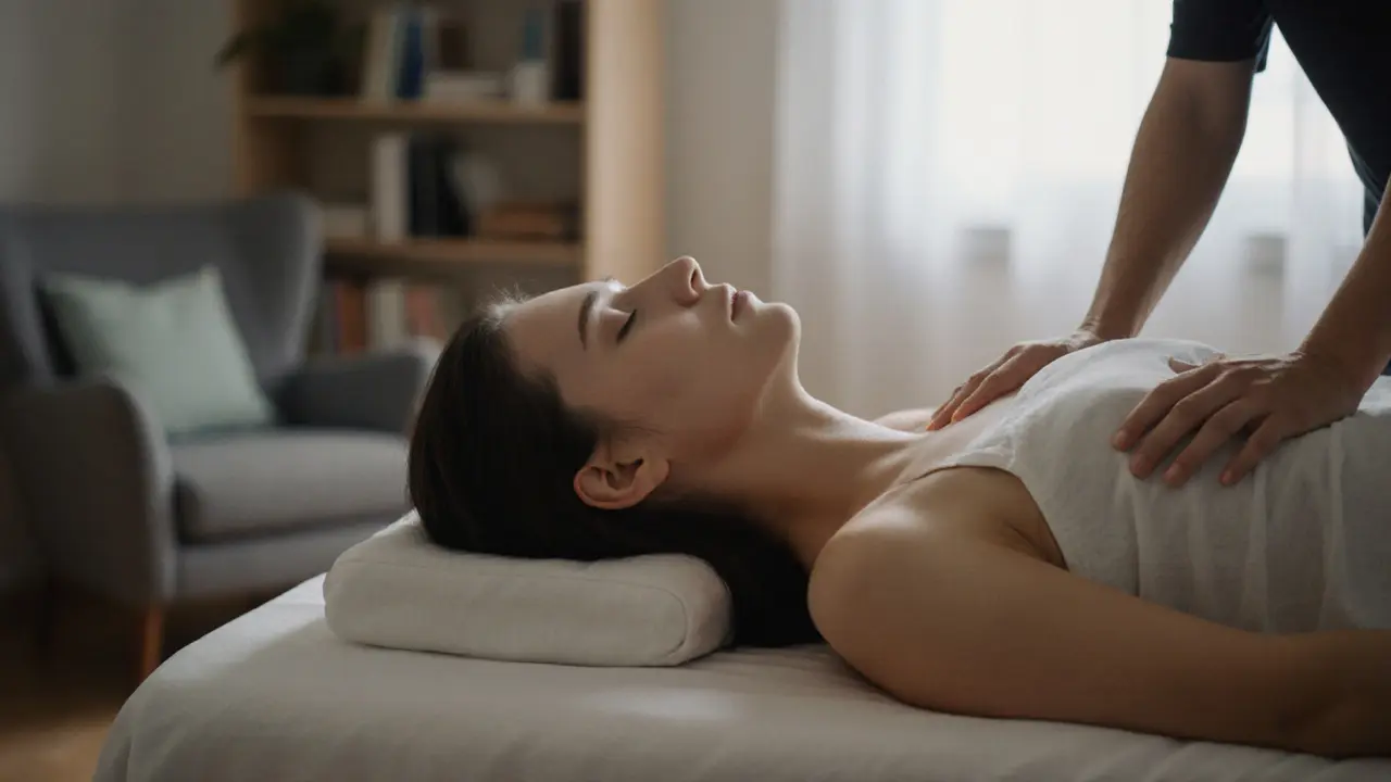 A person resting quietly on a massage table, covered with a sheet, in their own home.