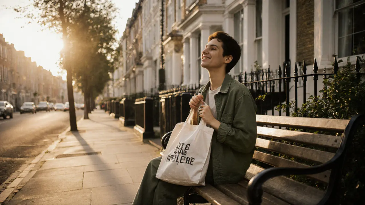 A person sitting peacefully outside a London studio, smiling gently after a massage session.