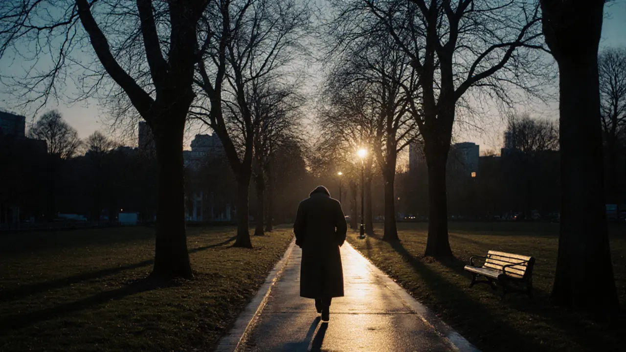 A person walking alone in a quiet London park at dusk, lost in thoughtful reflection.