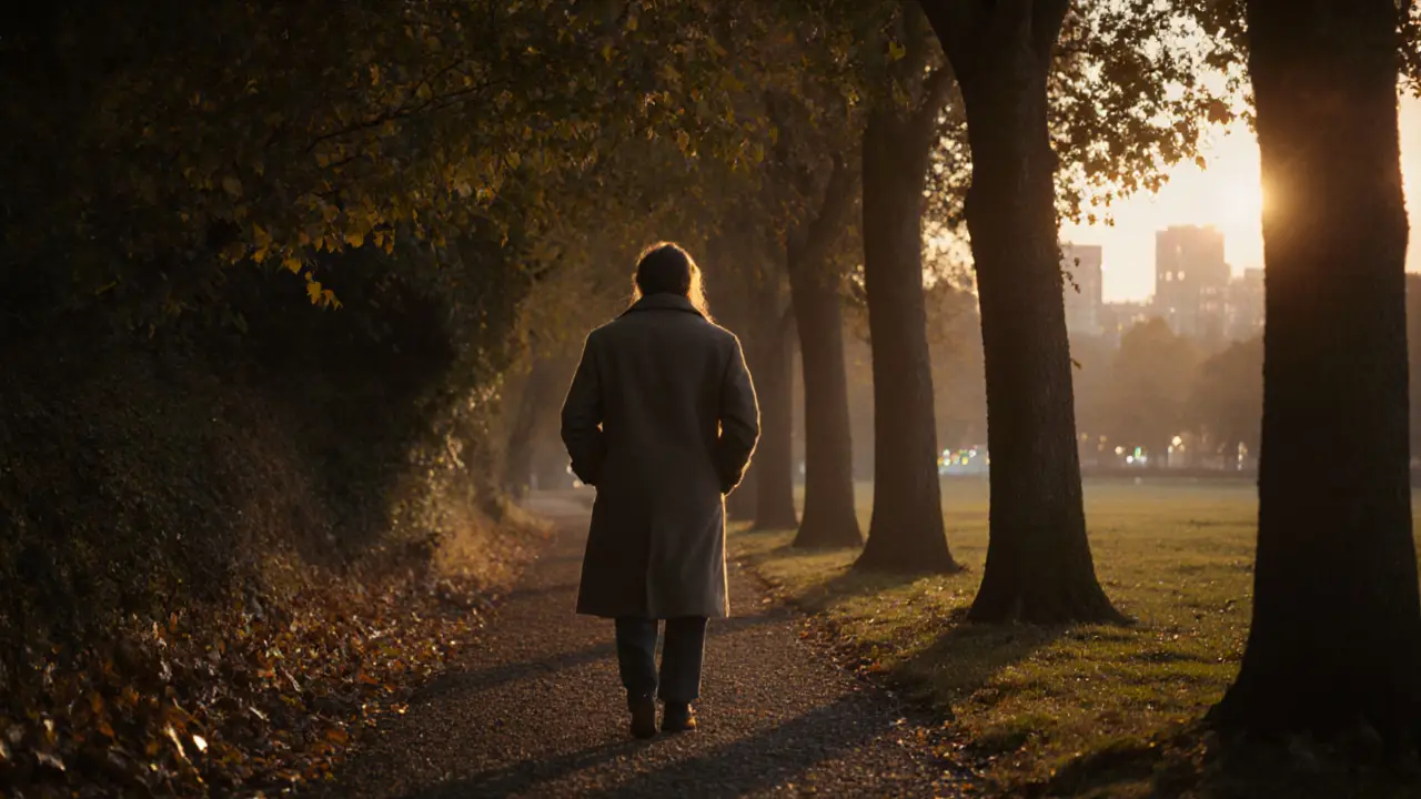 A person walking alone in Hampstead Heath at dusk, calm and reflective under golden autumn light.