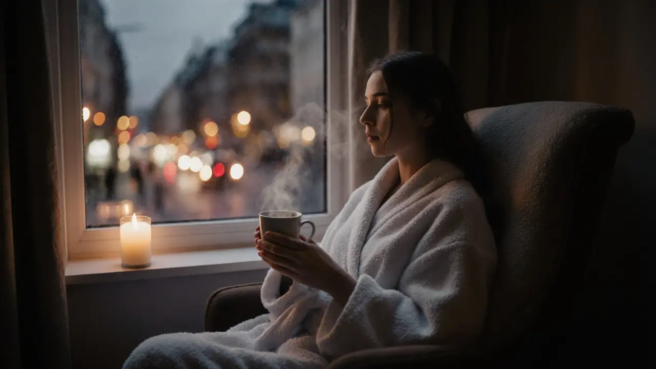 A person wrapped in a robe, sitting quietly with eyes closed, holding a cup of tea.