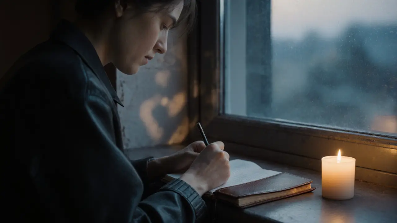 A person writing in a journal by a window at dawn, reflecting quietly after a personal experience.
