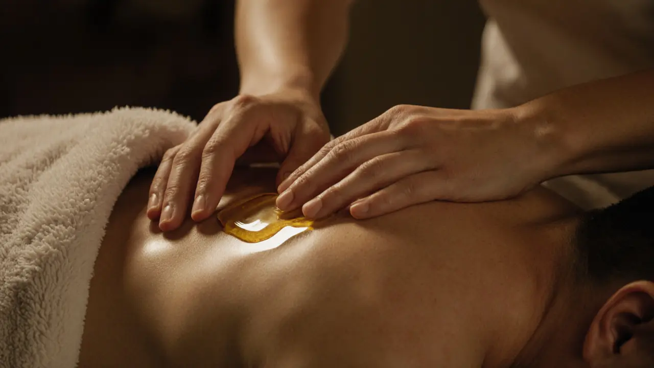 A practitioner&#039;s hands applying oil to a shoulder, with the body fully covered by a towel.