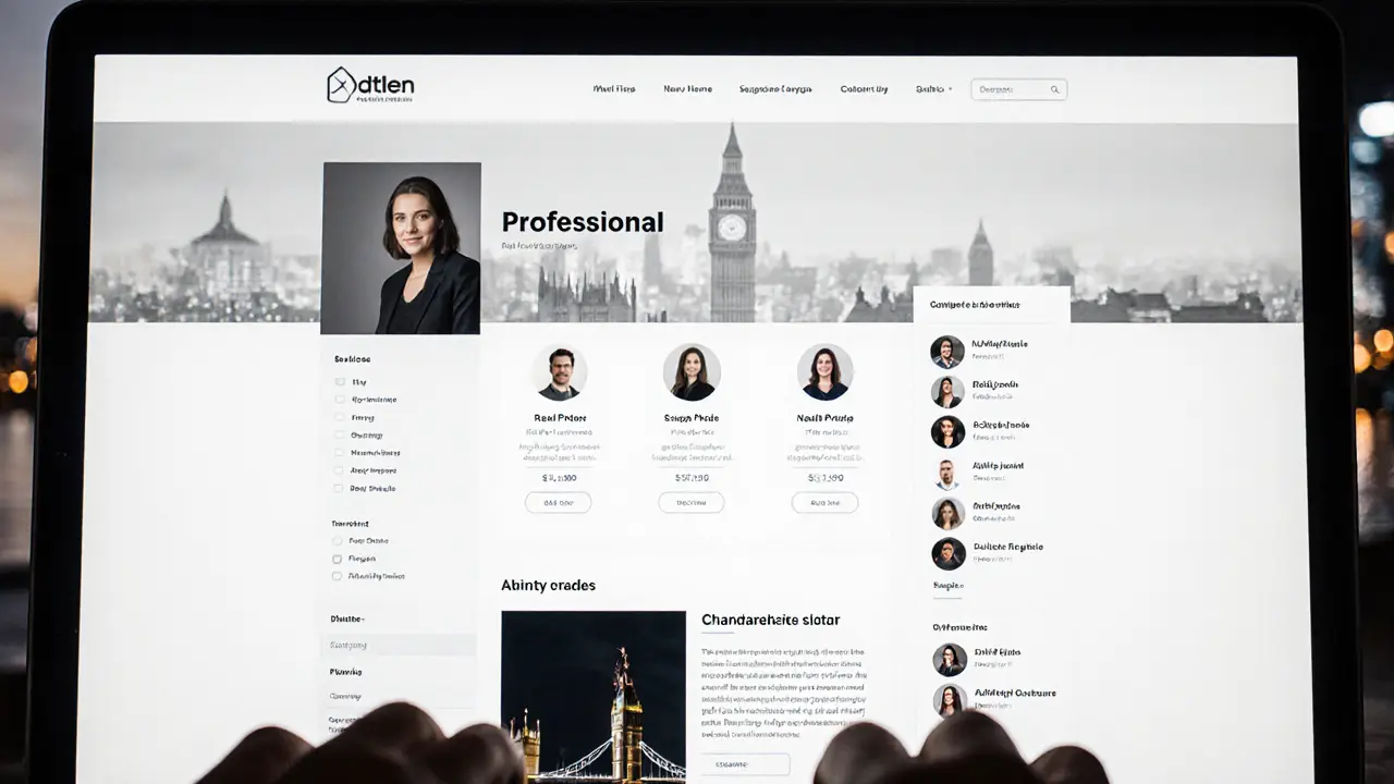 A professional website on a laptop showing verified profiles and clear pricing, with a blurred London skyline in the background.