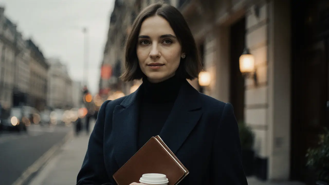 A professional woman in a tailored coat standing confidently outside a boutique hotel in London.