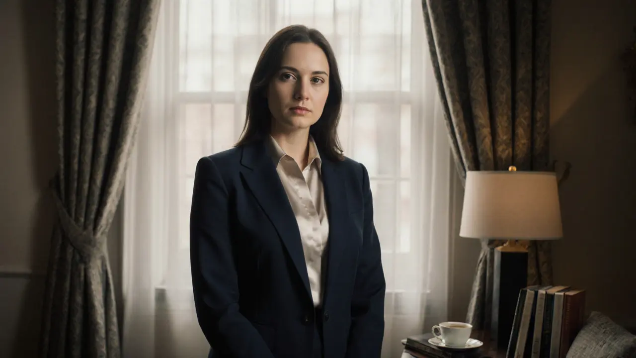 A professional woman standing near a window in a tasteful apartment.