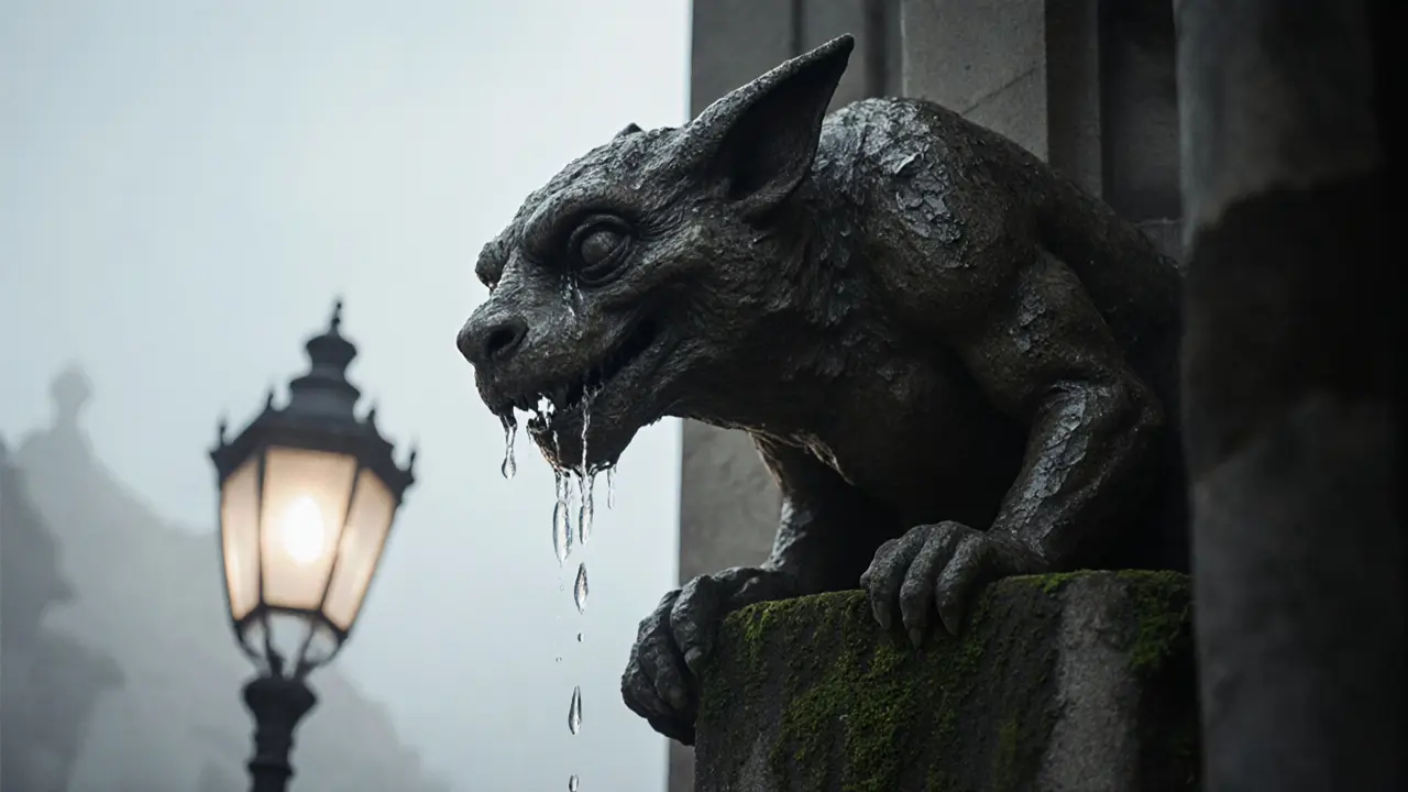 A rain-dripping gargoyle on a cathedral, moss-covered and lit by soft streetlight.