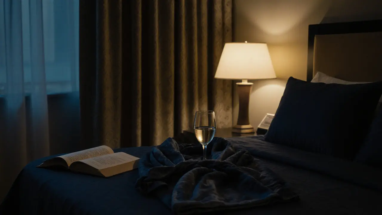 A serene hotel room with robe, wine glass, and book on nightstand.