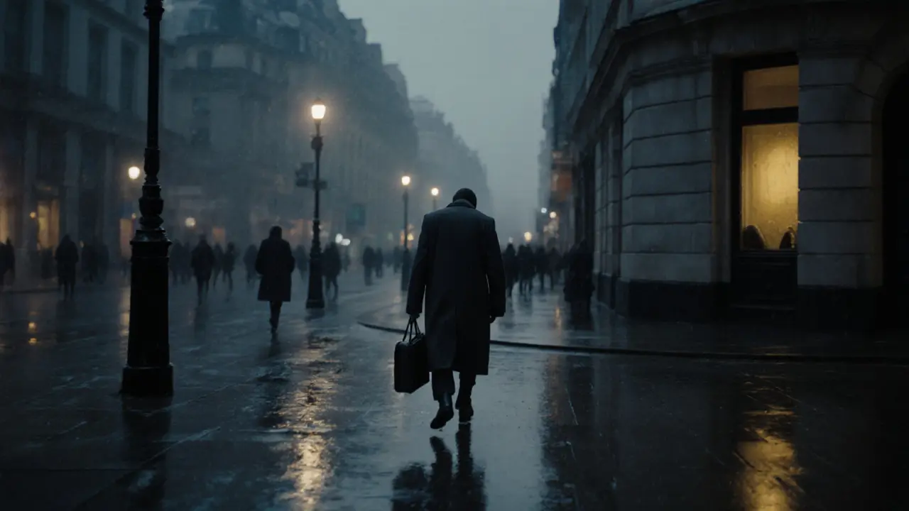 A solitary figure walking alone on a rainy London street at dusk.