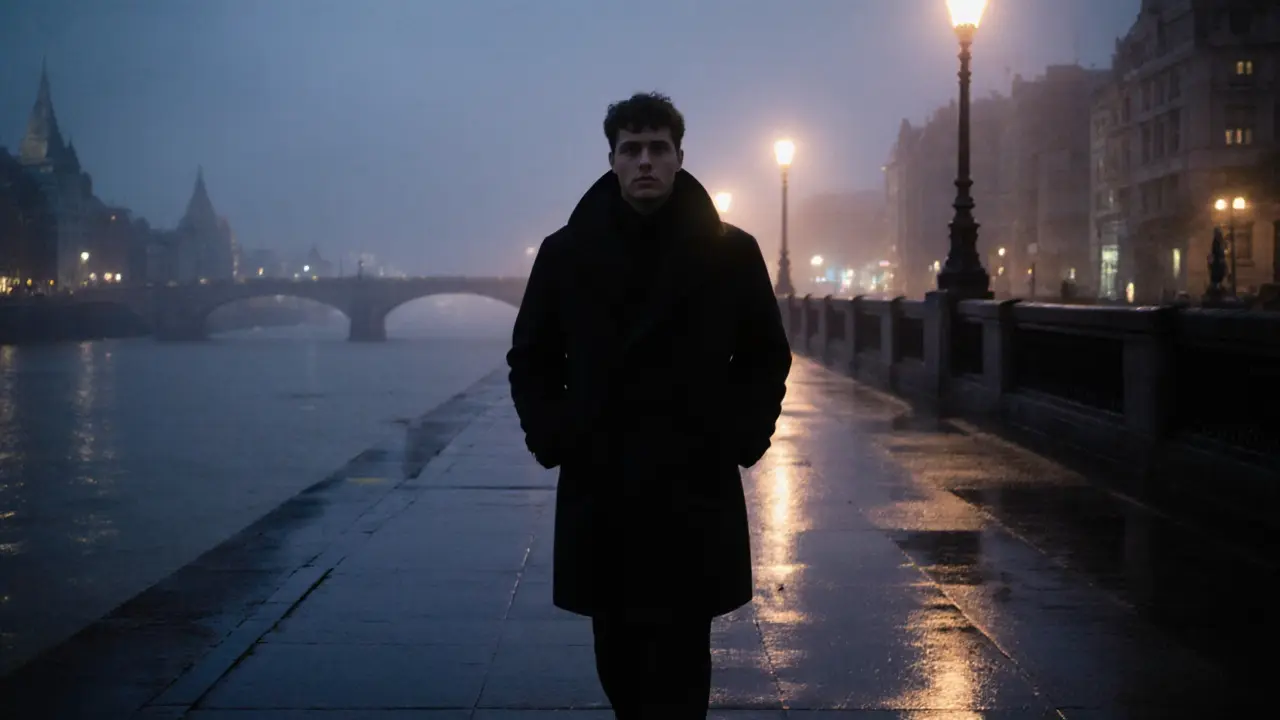 A solitary figure walks peacefully along the Thames at dusk.