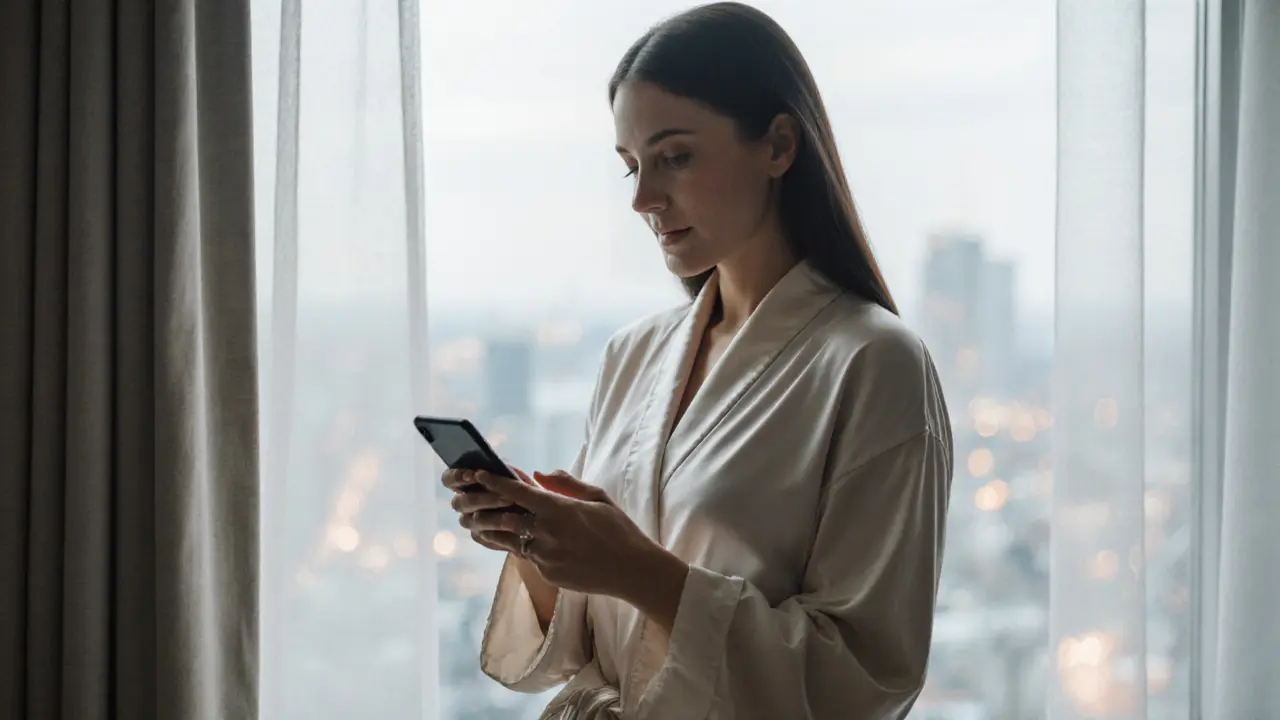 A woman in a robe holding a phone, softly lit, emphasizing privacy and professionalism.