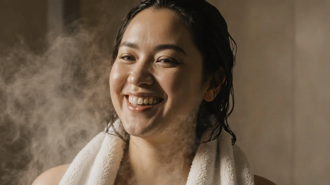 A woman smiling after a shower, towel wrapped around her, steam rising softly around her.