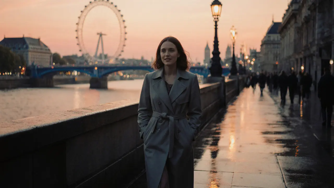A woman walking along the Thames at sunset, wearing a trench coat, smiling gently.