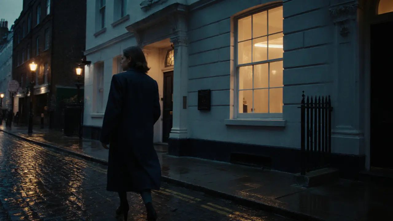 A woman walking away from a London townhouse at dusk, alone and composed in the fading light.