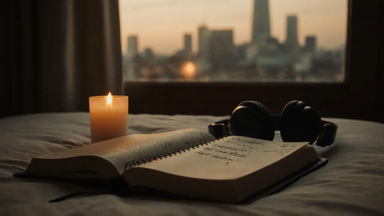 An open journal with handwritten notes about payments and feelings, lit by a candle.