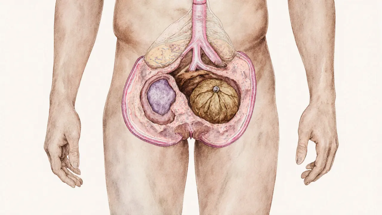 Anatomical illustration of the male pelvis with the prostate gland clearly highlighted in soft watercolor tones.