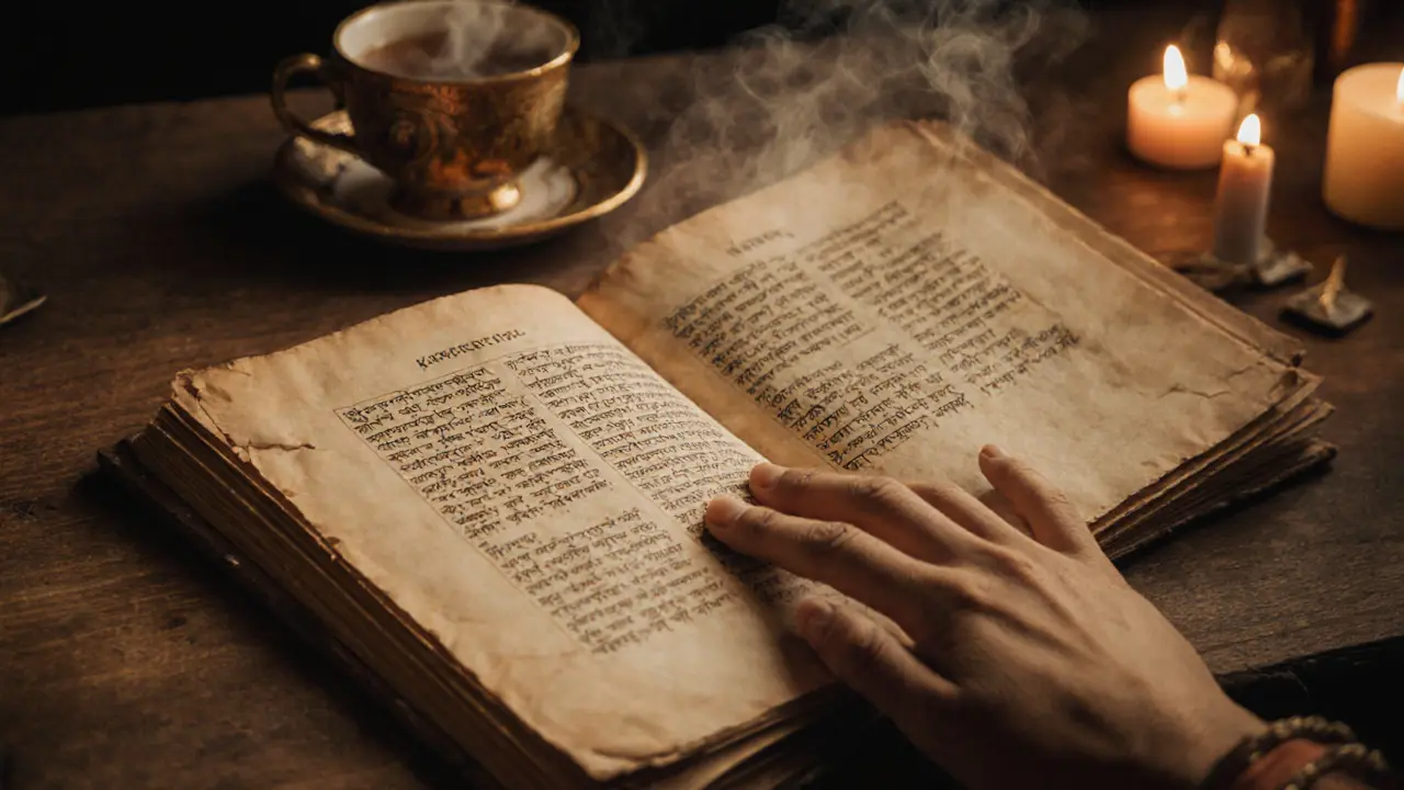 Ancient Kamasutra manuscript with a modern hand and candles on a wooden table.