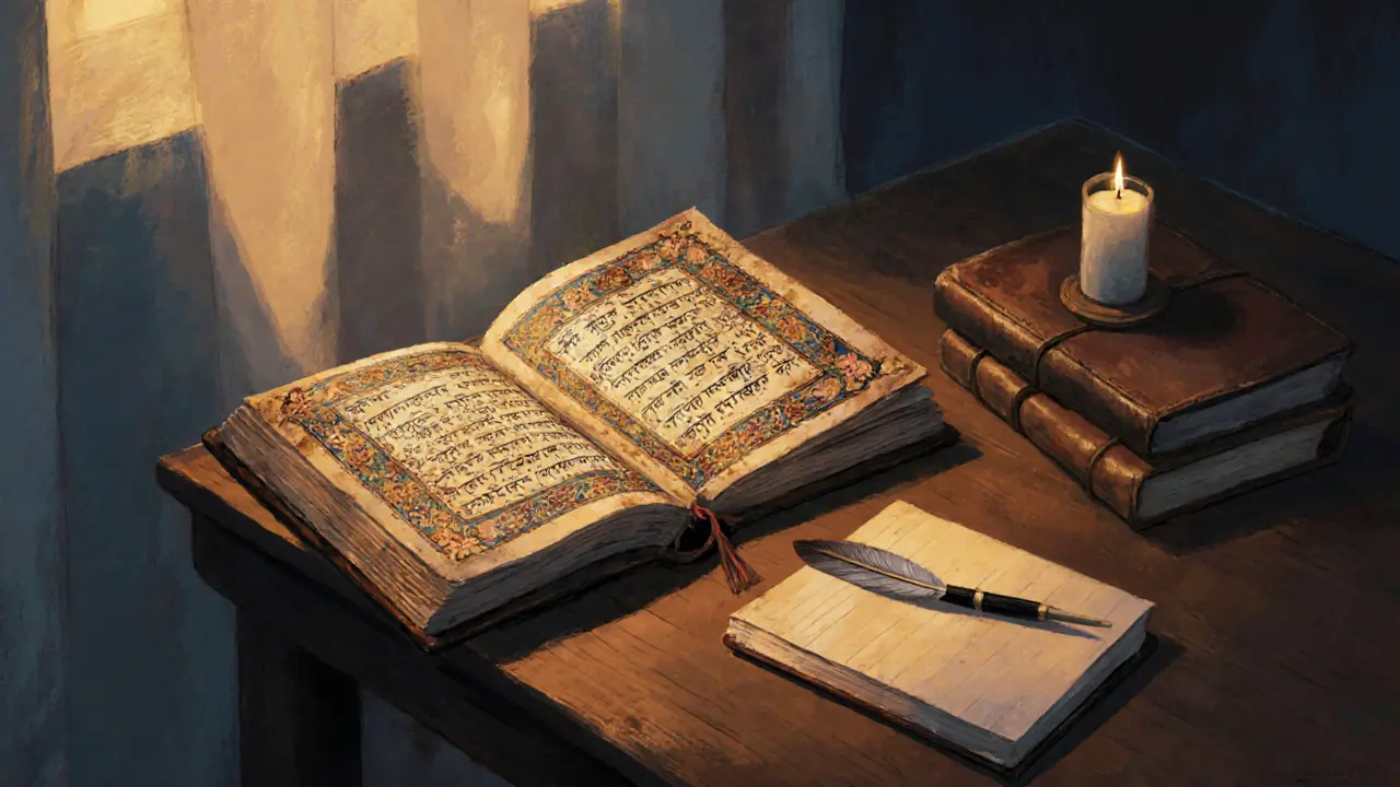 Ancient manuscript and modern journal side by side with candlelight.