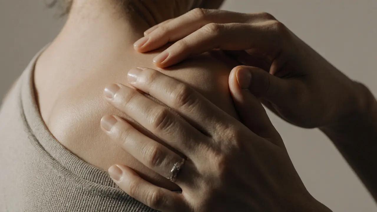 Close-up of hands gently touching a shoulder, soft light and shadow on skin.