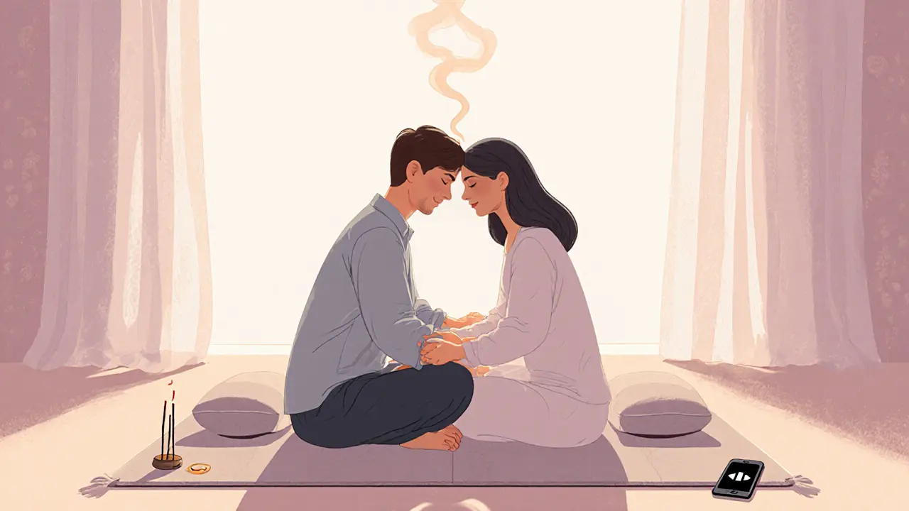 Couple sitting cross-legged, foreheads touching, smiling gently in peaceful, mindful embrace.