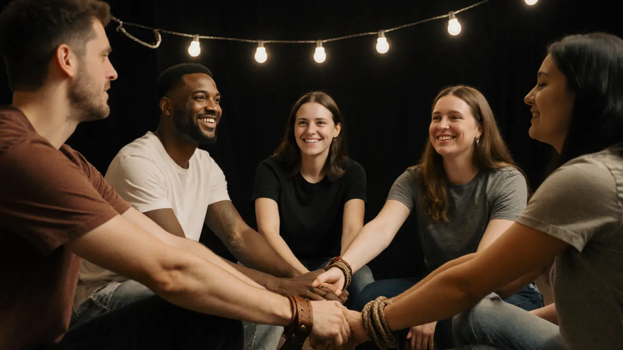 Diverse group sitting in a circle holding hands during a consent conversation in a quiet studio.
