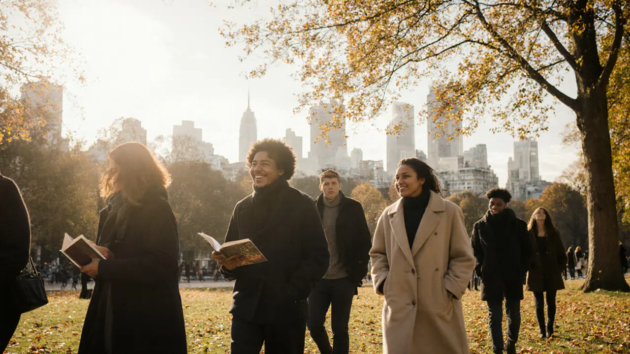 Diverse Londoners walking together in Hyde Park, one smiling, another holding a book, autumn leaves falling.