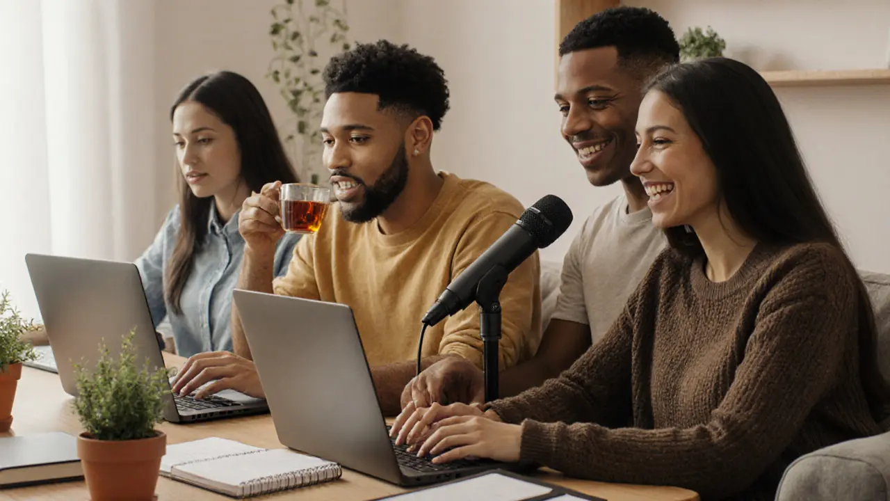 Diverse people working confidently at home with laptops, showing different body types and genders.