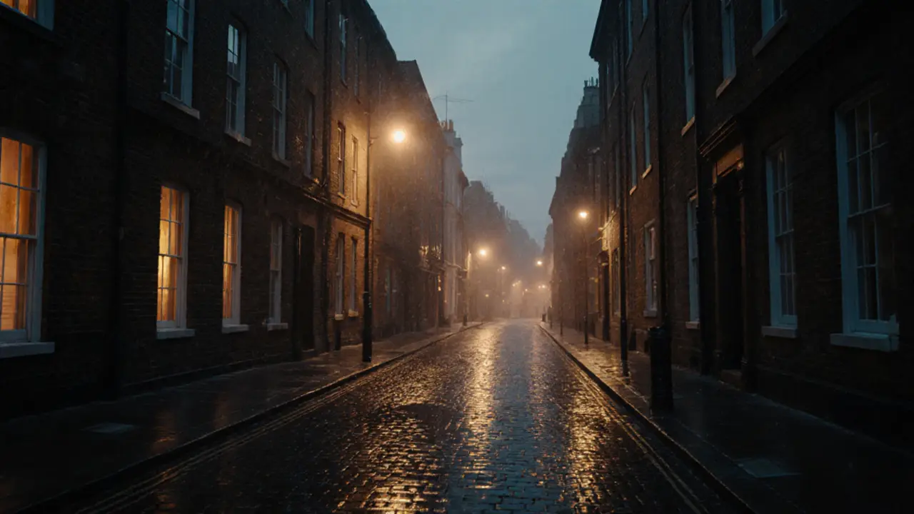 Empty London street at dusk with warm streetlights and rain-slicked cobblestones.