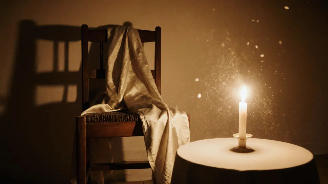 Empty room with a draped robe on a chair and a flickering candle nearby.