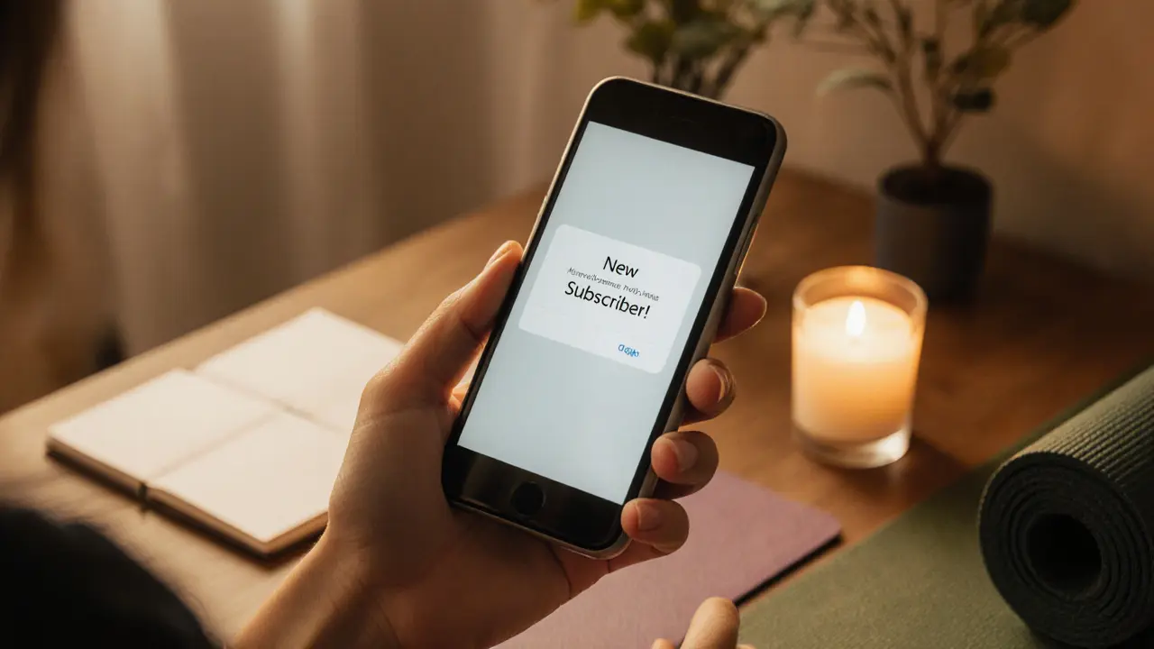 Hand holding a phone with a &#039;New Subscriber!&#039; notification, beside a journal and candle.