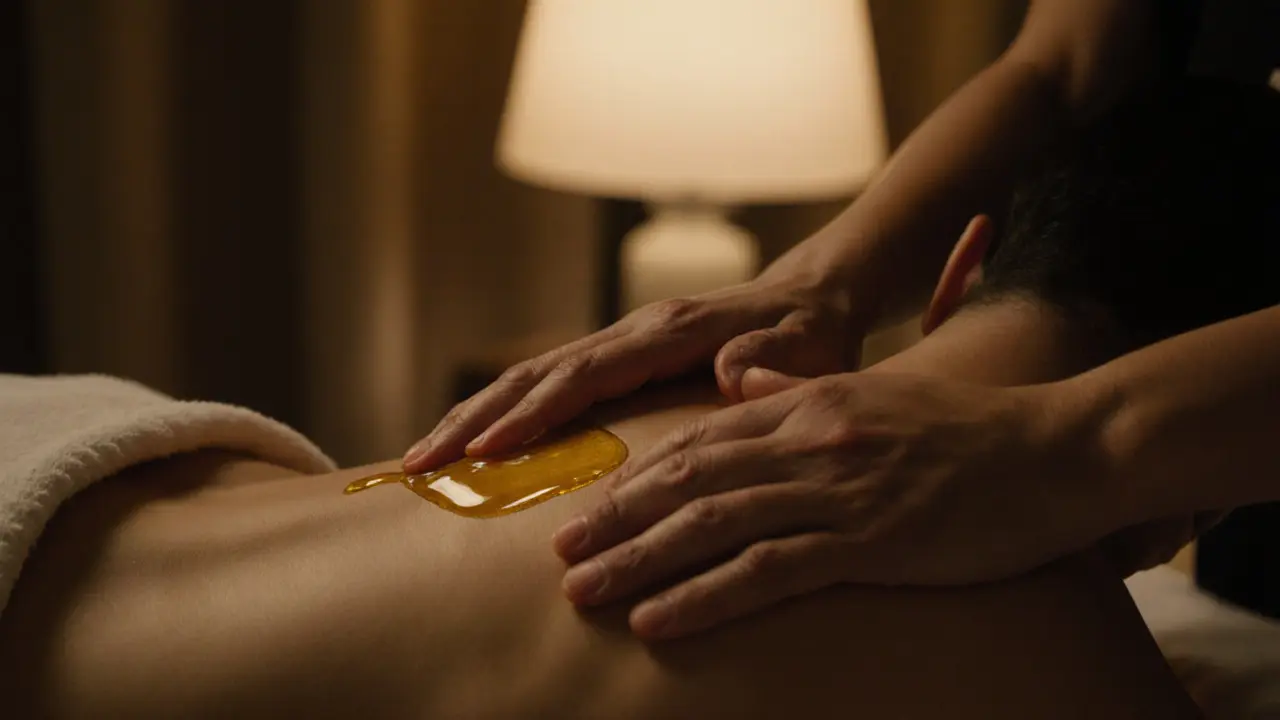 Hands applying warm oil in slow, rhythmic strokes along a person&#039;s back.