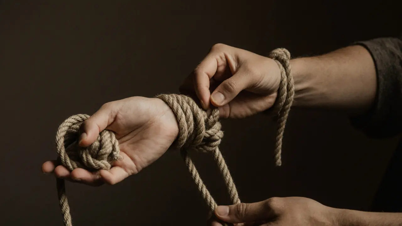 Hands checking circulation on a bound wrist, with cotton rope nearby, emphasizing safety and care.
