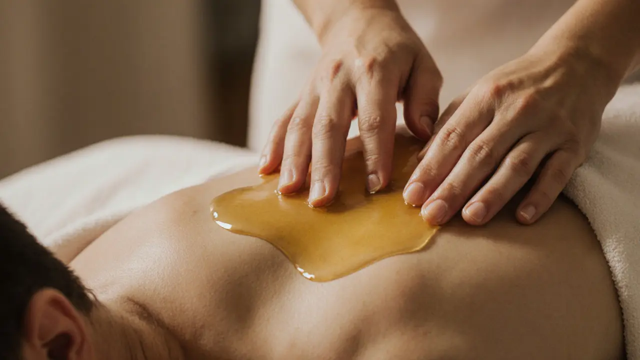 Hands gently applying oil to a lower back, face out of frame, skin glistening in warm light.