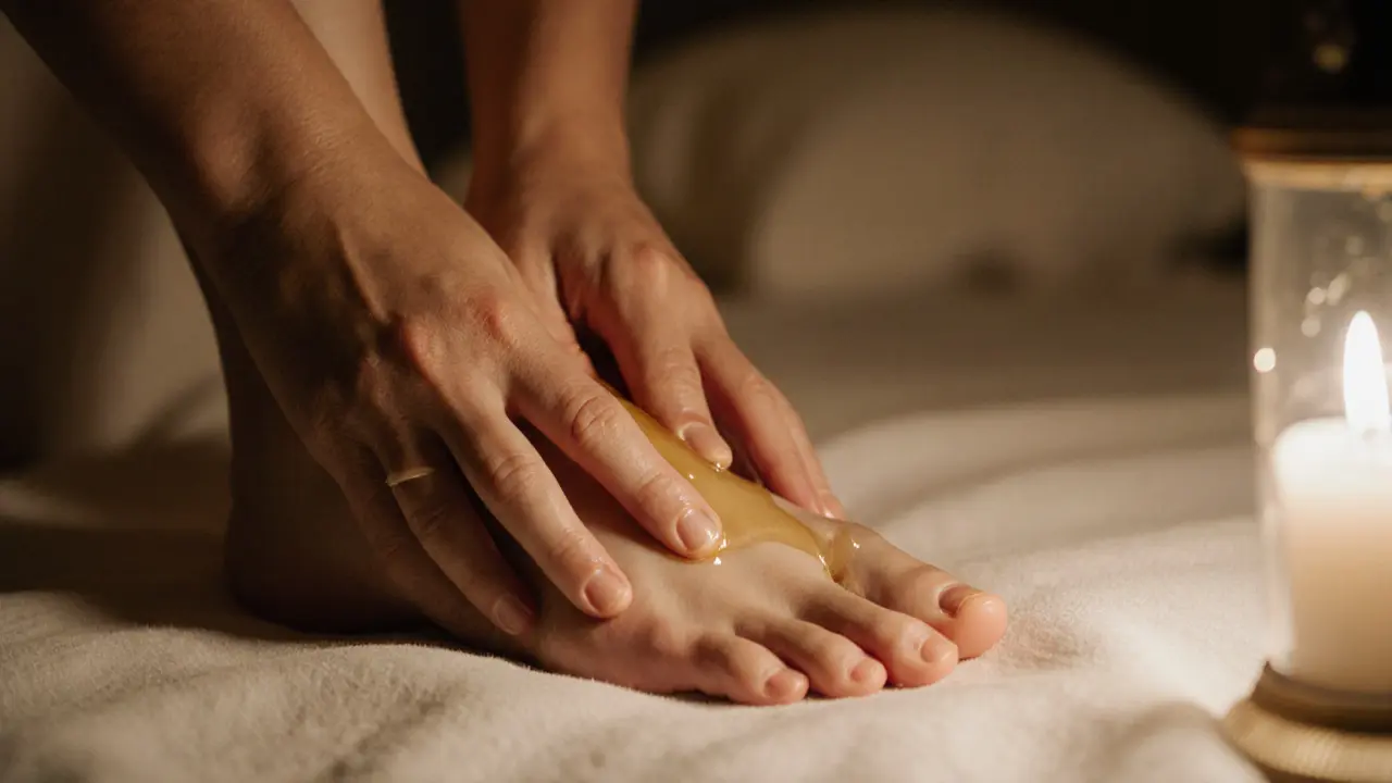 Hands gently massaging a foot with oil, blurred background, calm and tender.