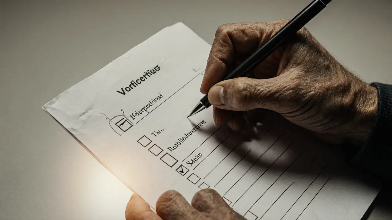 Hands holding a consent checklist with a pen ready to sign.
