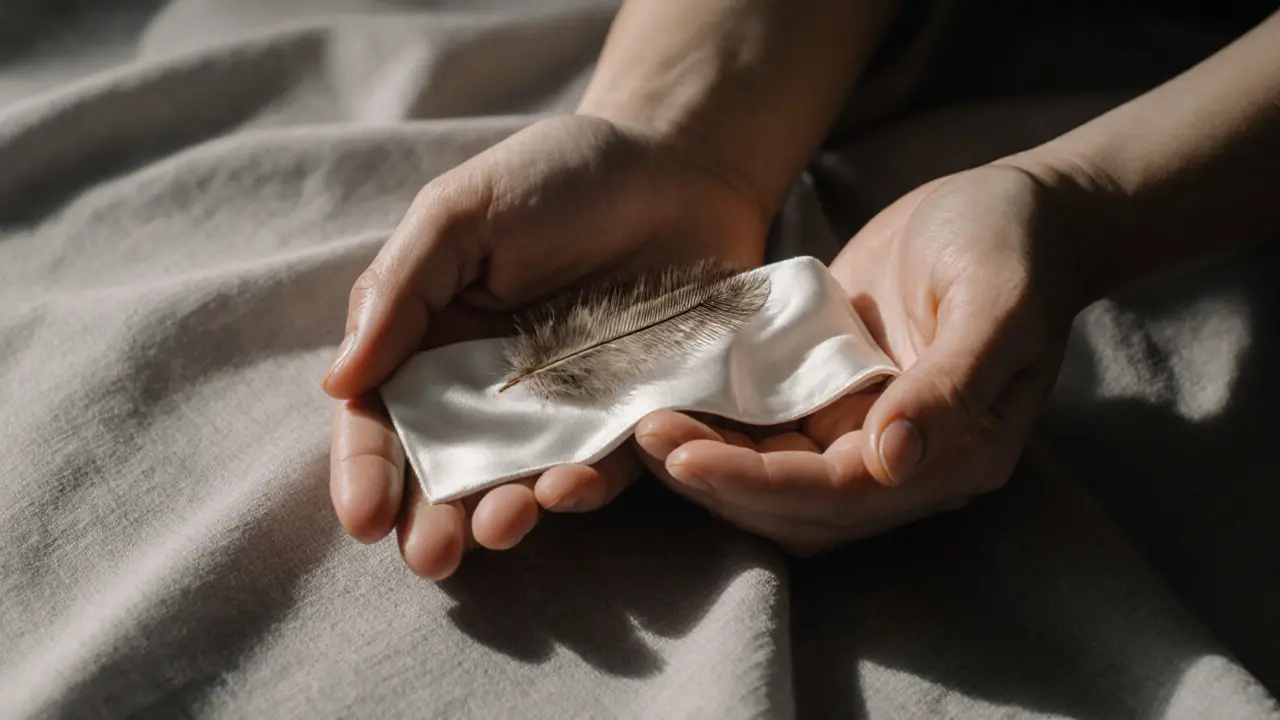 Hands holding a silk blindfold and feather against neutral fabric, emphasizing texture and intimacy.