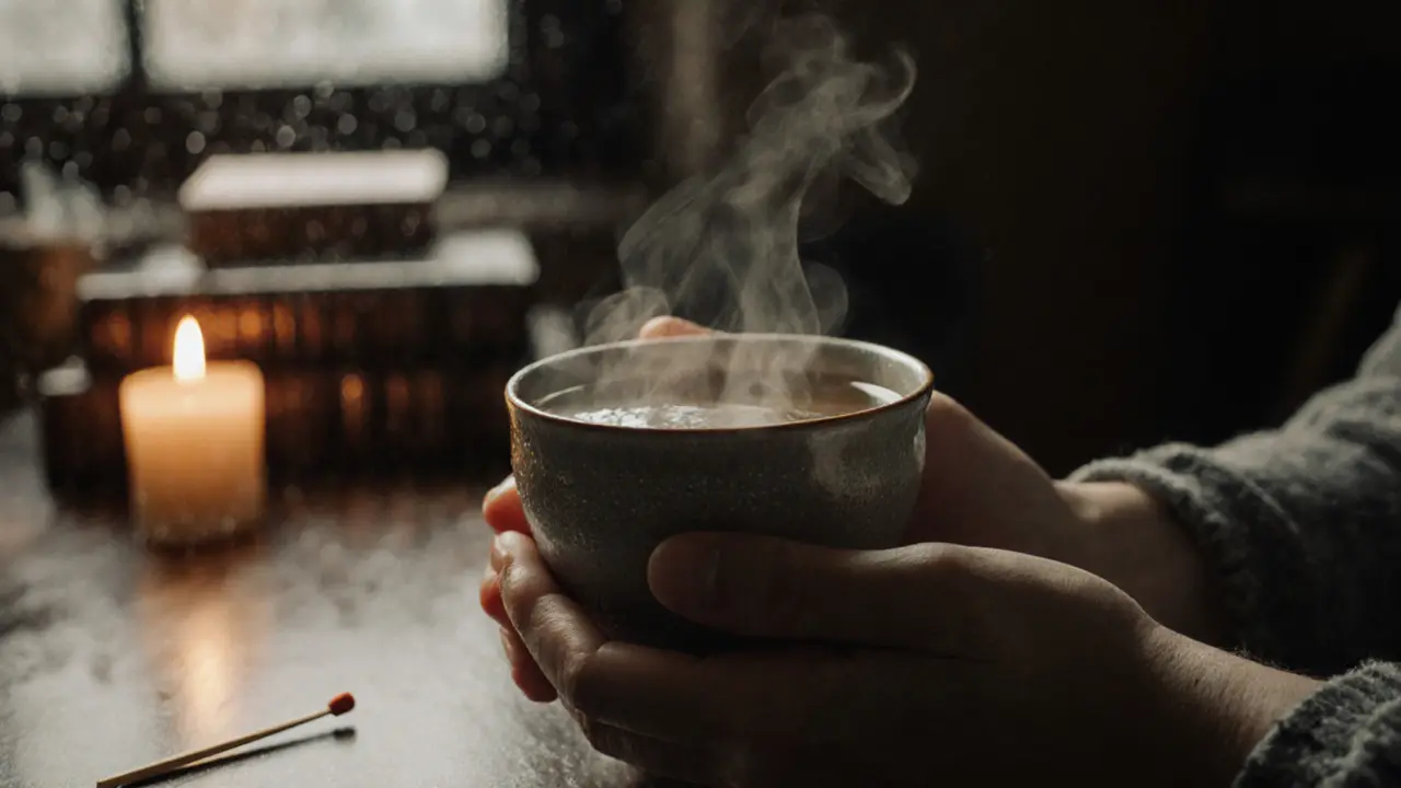 Hands holding a steaming teacup beside candles and books, symbolizing peaceful connection.