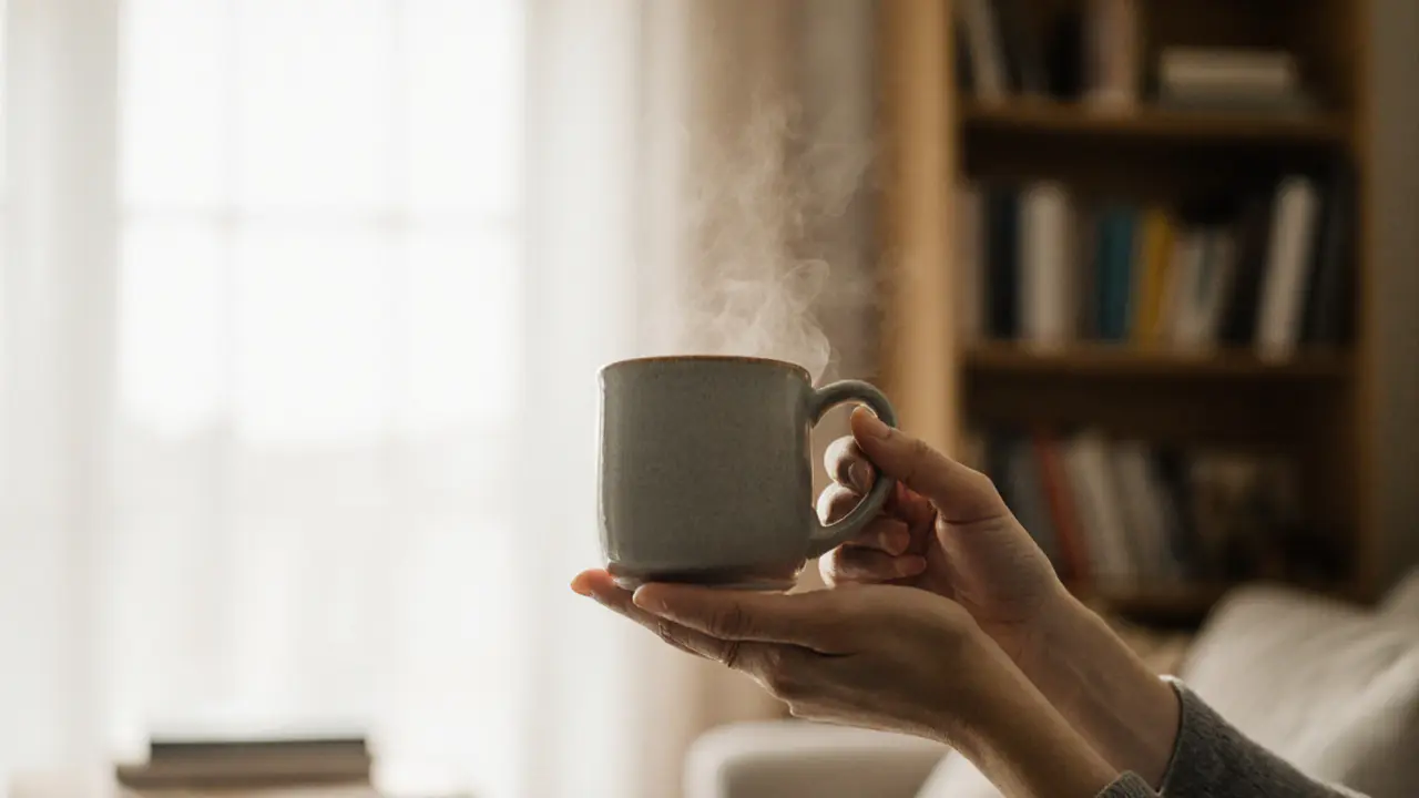 Hands holding a warm drink in a quiet, blurred living space, symbolizing calm companionship.