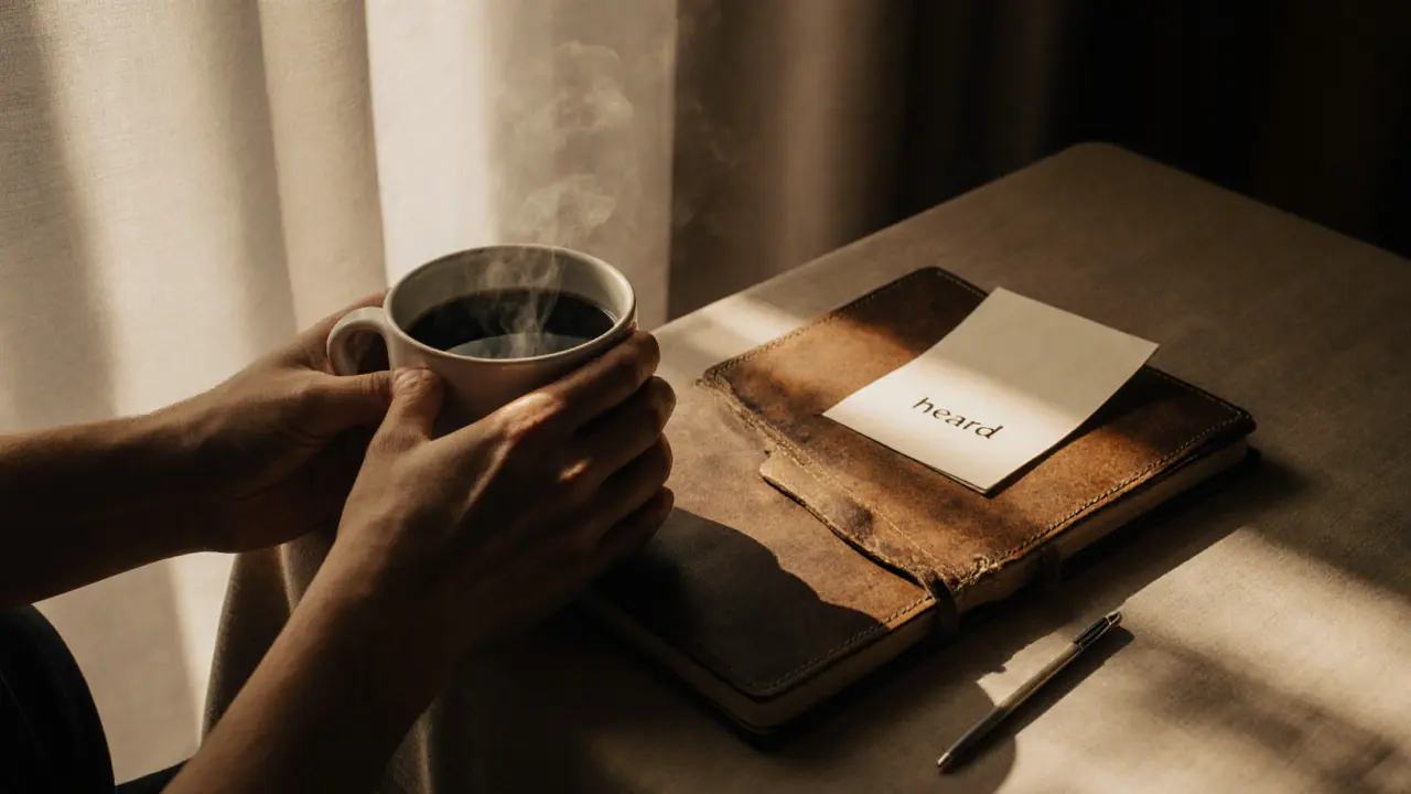 Hands holding a warm mug beside an open journal in sunlight