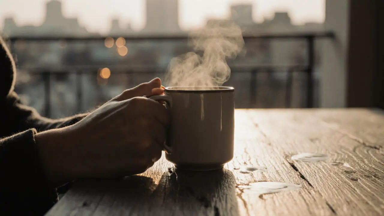 Hands holding a warm mug in natural light, blurred urban balcony in background.