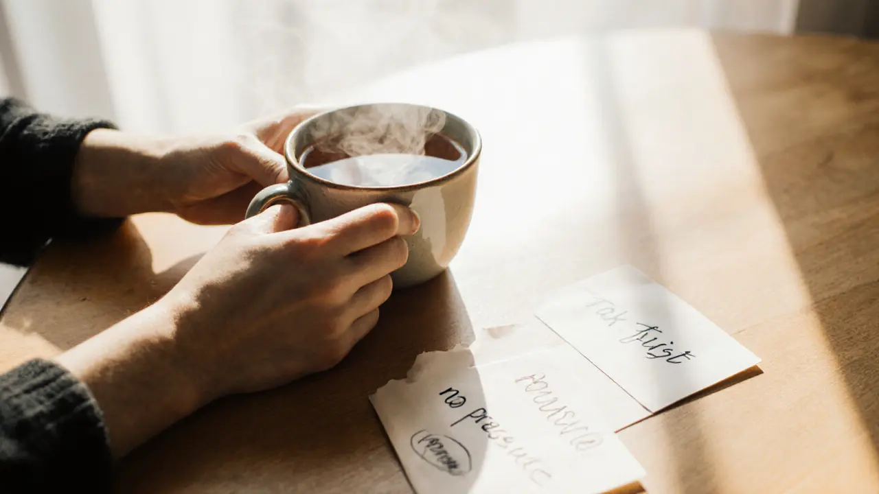 Hands holding a warm mug of tea with a handwritten note saying &#039;Talk first, no pressure&#039;.