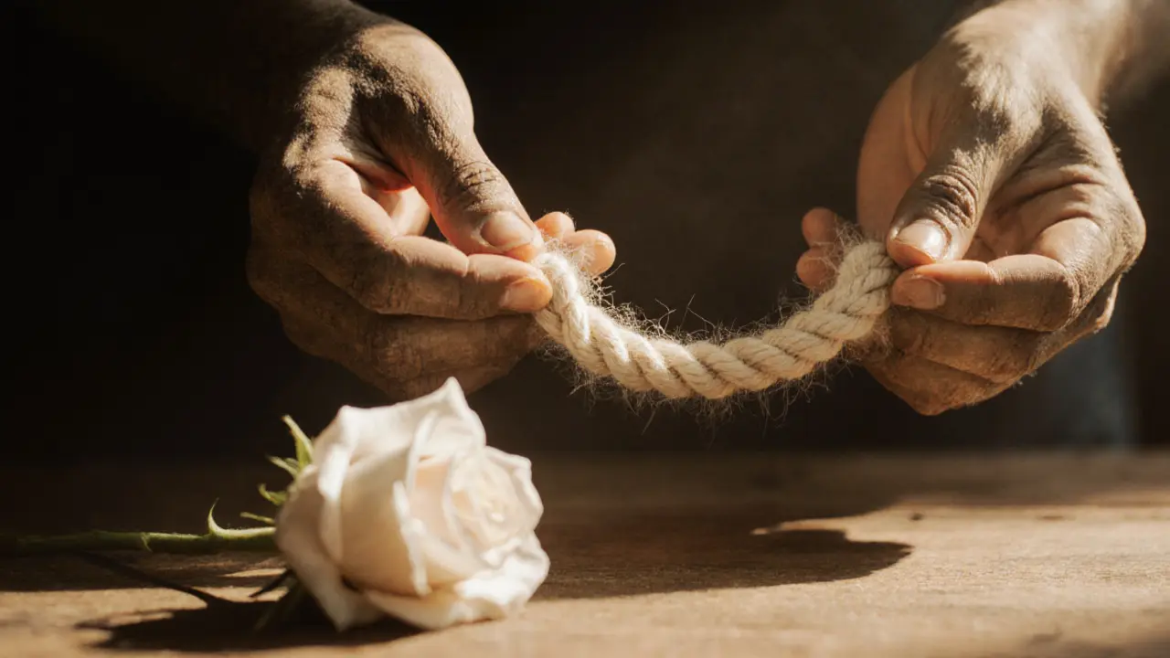 Hands holding natural rope with a white flower beside them, sunlight highlighting fibers