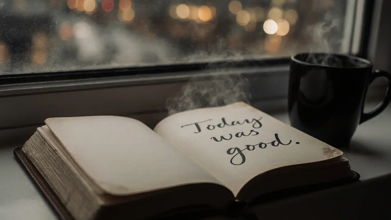Handwritten note saying &#039;Today was good&#039; beside a coffee mug on a windowsill overlooking London.