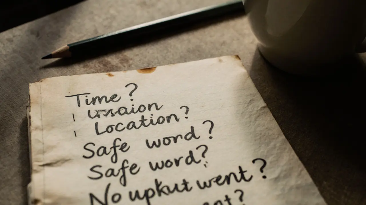 Handwritten notes on a notepad asking key questions before booking an escort.